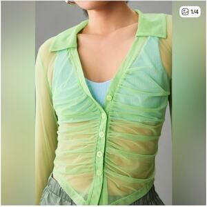 Anthropologie Maeve Women Light Green Y2K Sheer Smocked Blouse Size Medium